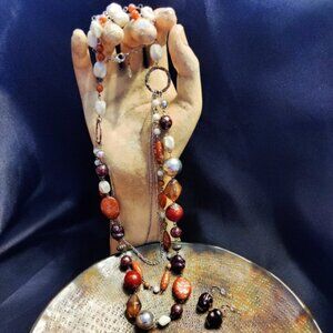 EsMor Silver Tone Brown/Rust Multi Bead Layered Long Necklace and Earrings Set